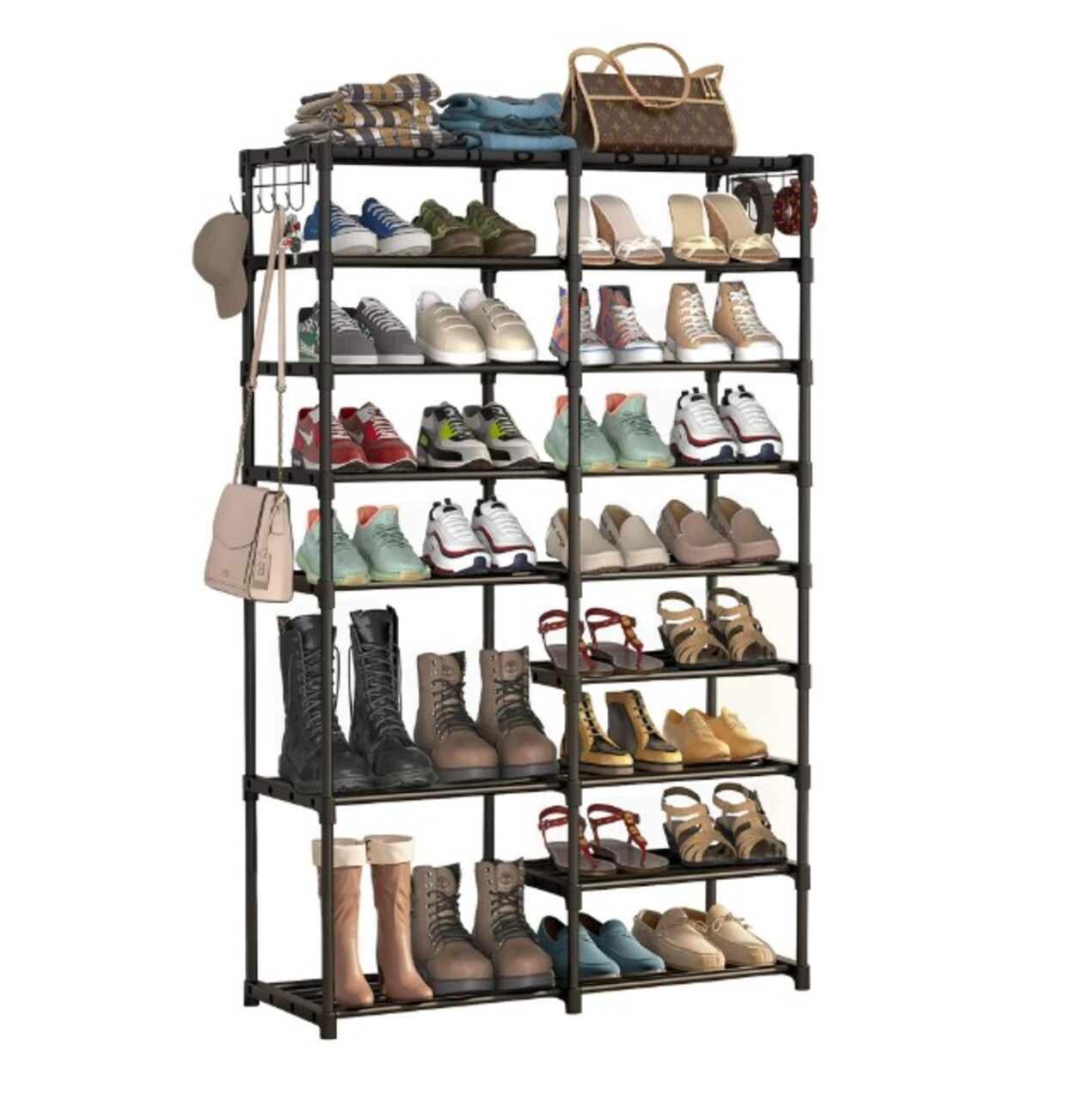 32-40 Pairs Shoe Stand for Closet Boot Organizer with 2 Hooks 9 Tiers Shoe Rack Storage Organizer Shoe Storage Shelf Removable Dustproof Large Stackable Shoe Tower in Black for Shoe Boot Storage